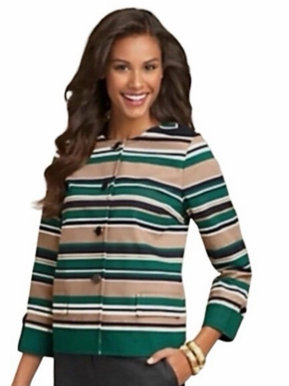 Talbots Petite Navy Tan Green Striped Collarless Blazer Jacket Size 6P